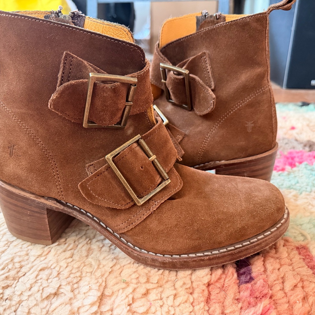 Frye Tan Suede Ankle Booties With Buckle